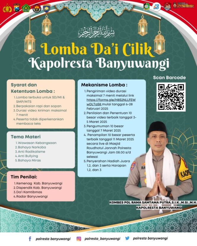 
					Polresta Banyuwangi Menggelar Lomba Da’i Cilik untuk SD/SMP, Terakhir Pendaftaran 28 Februari 2025