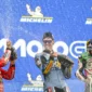 Podium MotoGP Prancis 2025. 1. Johann Zarco di posisi pertama, Marc Marquez kedua, dan Fermin Aldeguer di posisi ketiga.