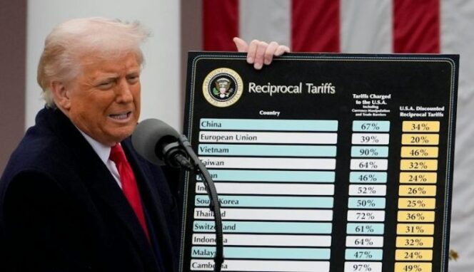 
					Presiden AS Donald Trump memegang sebuah bagan tarif resiprokal saat menyampaikan pernyataan di Rose Garden, Gedung Putih, Washington, D.C., AS, pada 2 April 2025.