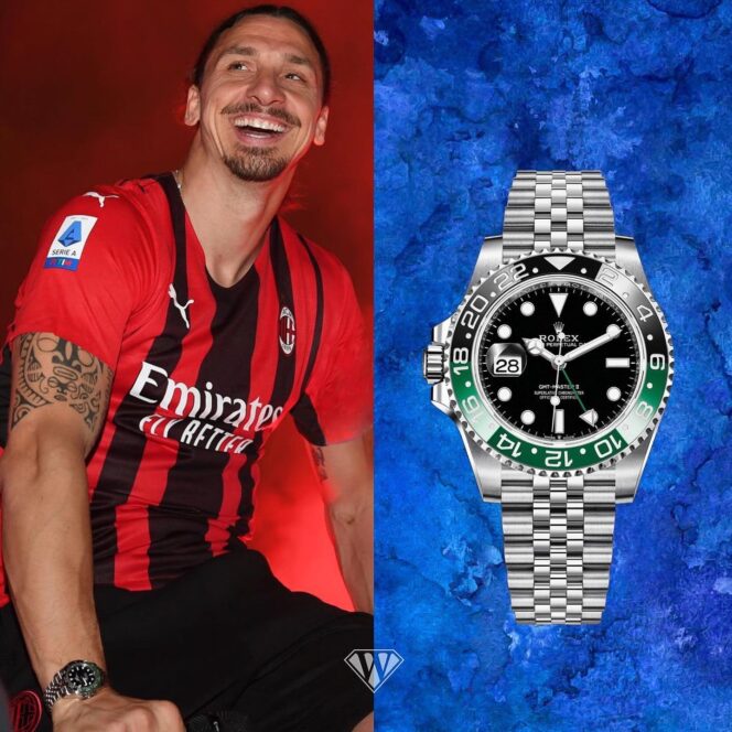 
					Zlatan Ibrahimović tampak mengenakan Rolex GMT-Master II “Sprite” pada saat merayakan gelar Scudetto saat bersama A.C. Milan tahun 2022.