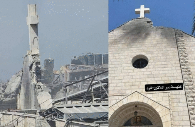 
					Gereja Katolik di Gaza yang hancur akibat serangan Israel pada Rabu, 16 Juli 2025. (foto: X/@ZarrarKhuhro)
