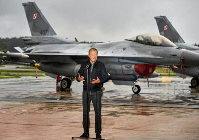 
					Perdana Menteri Polandia, Donald Tusk, berdiri di depan jet tempur F-16 Angkatan Udara Polandia saat konferensi pers terkait ancaman drone Rusia di Polandia, pada 11 September 2025. (foto: Agencja Wyborcza.pl)