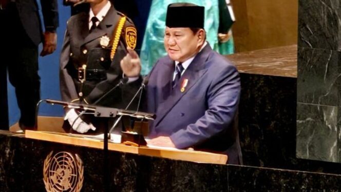
					Presiden RI, Prabowo Subianto saat berpidato di Sidang Umum PBB di New York. Selasa, 23 September 2025. (foto: ANTARA)