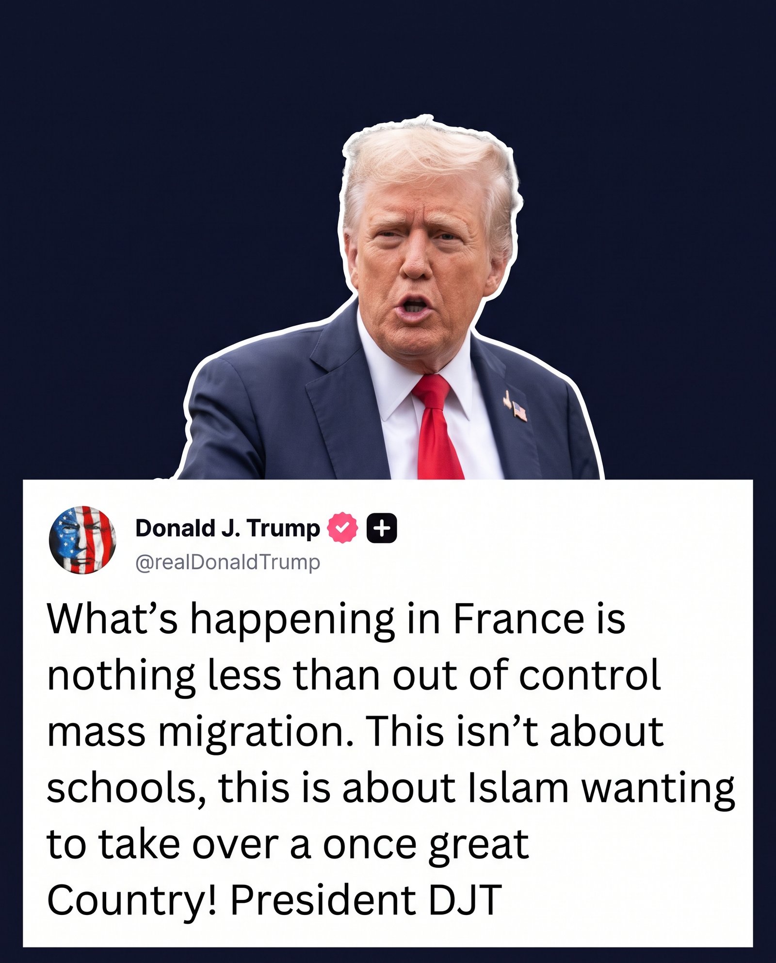 Tangkapan layar akun media sosial milik Donald Trump yang salahkan Islam dan migran asing atas terjadinya demonstrasi besar di Prancis.