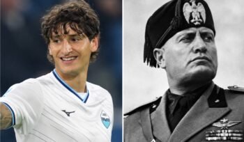Romano Floriani Mussolini, bek Lazio dan cicit Benito Mussolini, merayakan gol pertamanya di Serie A.