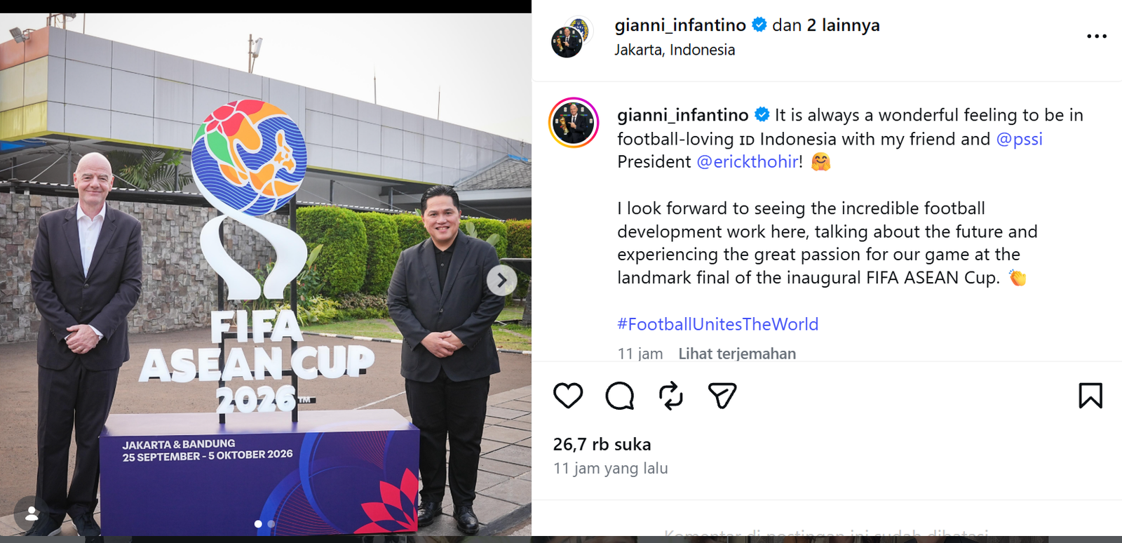 Presiden FIFA Gianni Infantino tiba di Indonesia untuk menghadiri upacara penutupan sekaligus final FIFA ASEAN Cup 2026. (Foto: tangkapan layar Instagram Erick Tohir)