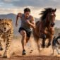 Ilustrasi perbandingan kecepatan lari manusia lawan berbagai hewan, termasuk cheetah, kuda, dan anjing husky.